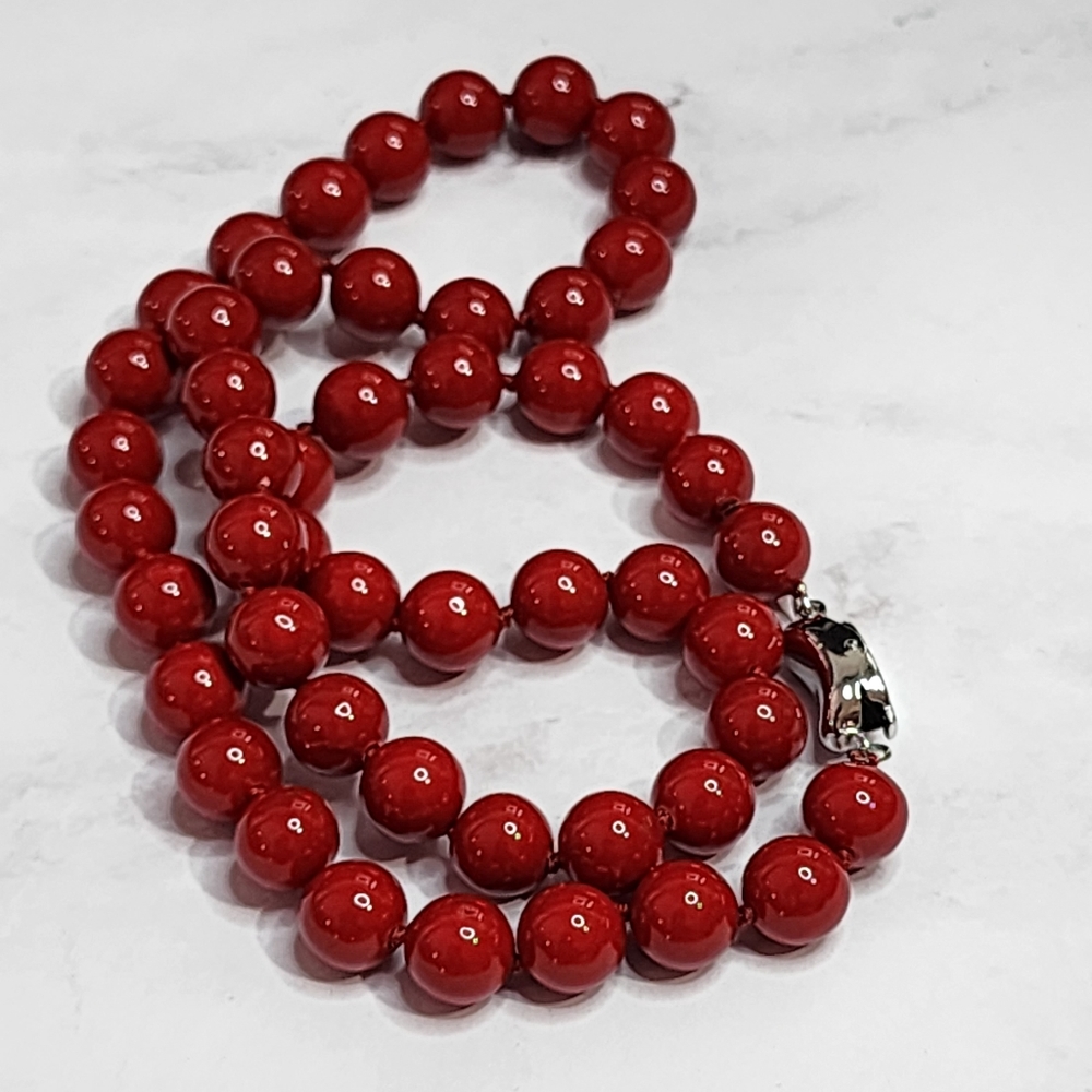 8mm Red Round Sea Shell Pearl Beaded Necklace 18in - Picture 13 of 13